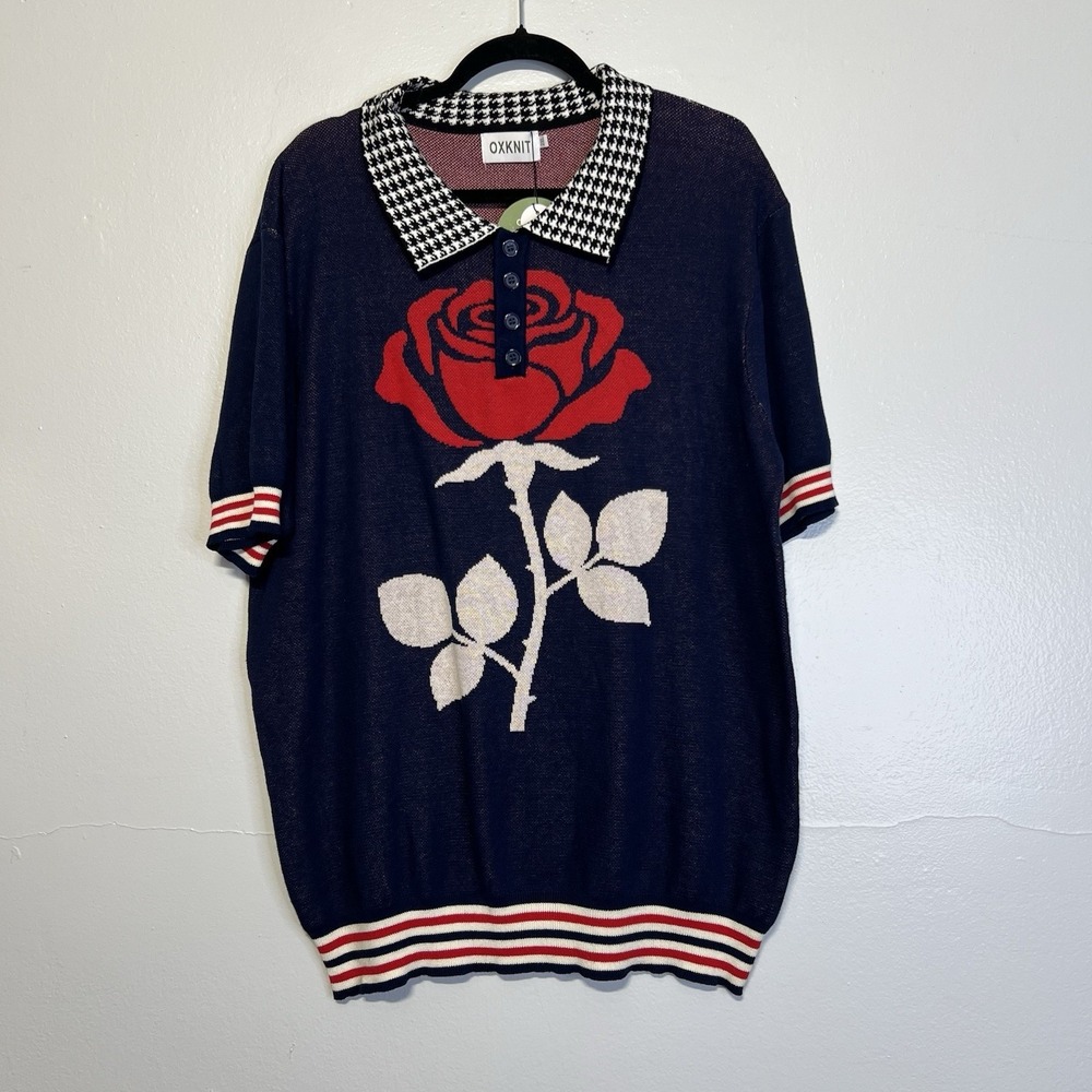 Oxknit Navy Rose Polo/Asian Mens Sz 2XL 60s 70s Retro Style Cotton Maximalist